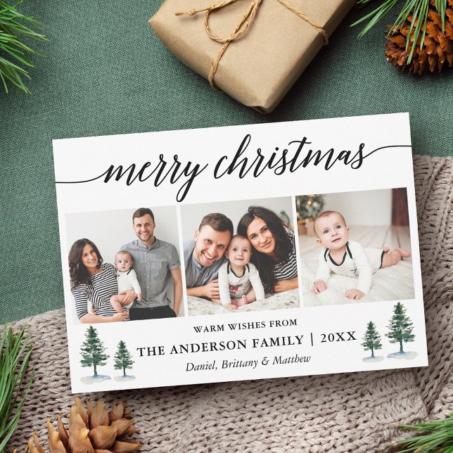 Moderne Kalligraphie Pines Frohe Weihnachten 3 Fot (Customize to add text to back of card.)