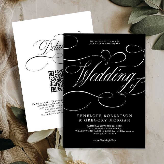 Moderne Kalligraphie Schwarz-weiß QR-Code Hochzeit Einladung (Modern calligraphy black and white QR code on back wedding Invitation)