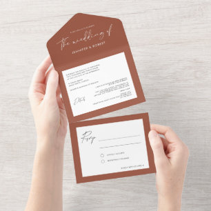 Moderne Kalligraphie Solid Terracotta Wedding All In One Einladung