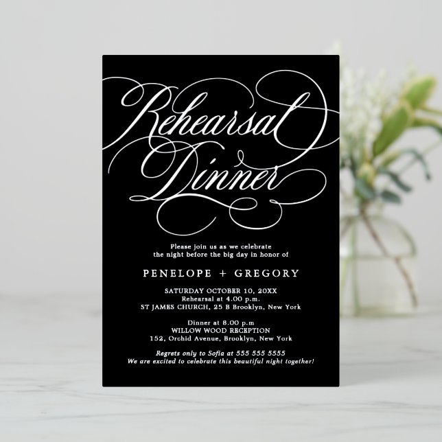 Moderne Kalligraphie-Timeles Silver Probe Dinner Folieneinladung (Stehend vorne)
