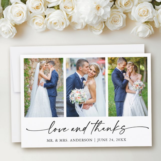 Moderne Kalligraphie Tinte Liebe Hochzeit 3 Fotos Dankeskarte (Customize to add text to back of card.)