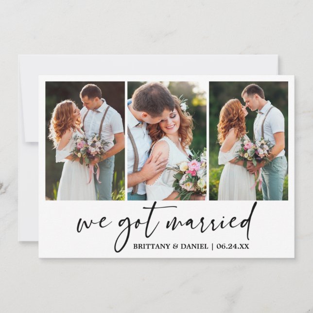 Moderne Kalligraphie Tinte Pen 3 Foto Hochzeit Ankündigung (Vorderseite)