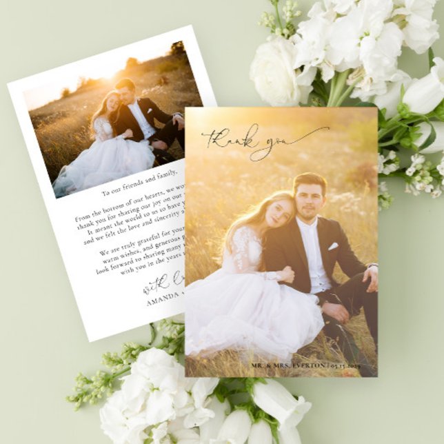 Moderne Kalligraphie Vollblutung Foto Hochzeit Dankeskarte (Easily personalize this 2 photo wedding thank you card with your images and personal message)