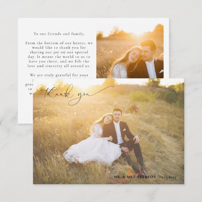 Moderne Kalligraphie Vollblutung Foto Hochzeit Dankeskarte (Vorne/Hinten)