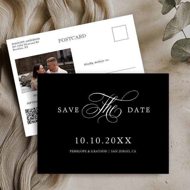 Moderne Kalligraphie zeitlos schwarz Save the Date Postkarte (Modern calligraphy timeless black Save the Date Postcard)