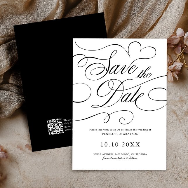 Moderne Kalligraphie zeitlose Black QR Code Hochze Save The Date (Modern calligraphy timeless Black QR code wedding Save The Date)