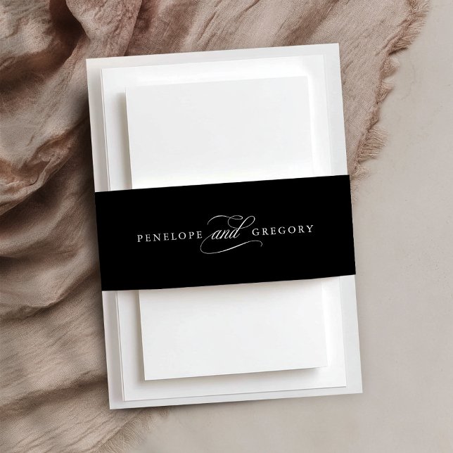 Moderne Kalligraphie zeitlose Schwarz-Weiß-Hochzei Einladungsbanderole (Modern calligraphy timeless black and white wedding invitation belly band)