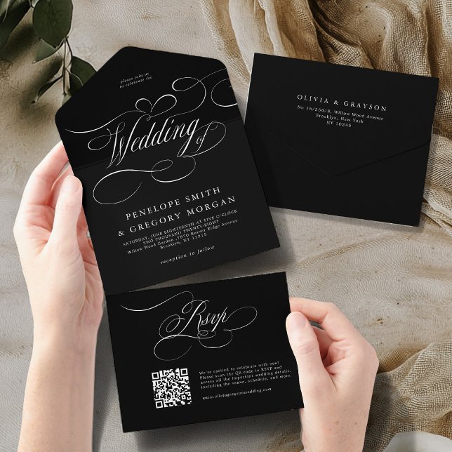 Moderne Kalligraphie zeitlose Schwarz-weiße Hochze All In One Einladung (Modern calligraphy timeless black white wedding all in one invitation)
