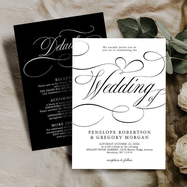 Moderne Kalligraphie zeitlose Schwarz-weiße Hochze Einladung (Modern calligraphy timeless Black white wedding Invitation)