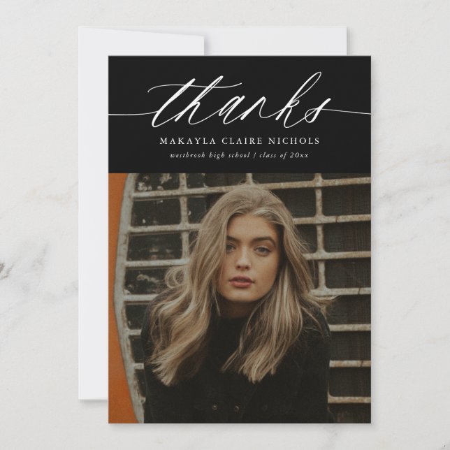 Moderne Kalligraphie Zwei Foto Schwarzer Abschluss Dankeskarte (Vorderseite)