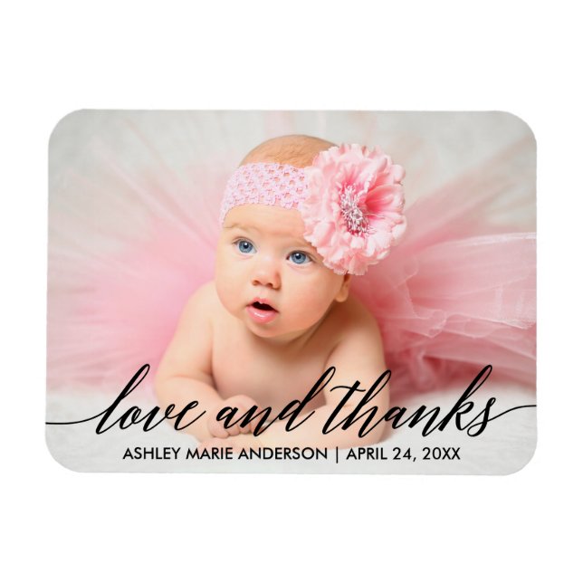 Moderne kalligraphische Baby-Liebe und dank Foto Magnet (Horizontal)