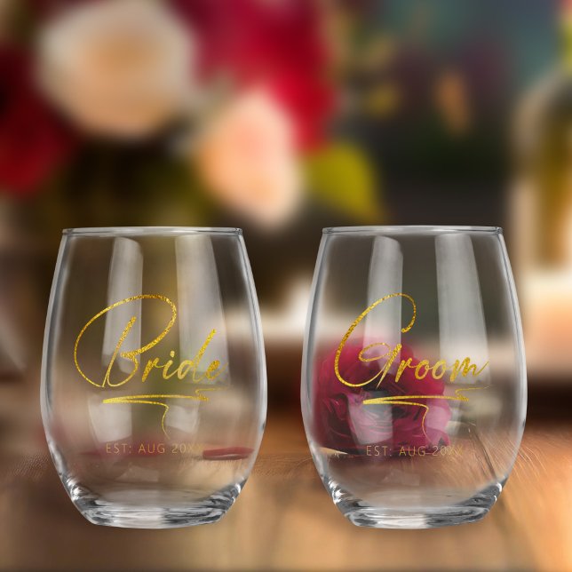 Moderne kalligraphische Bride & Groom Gold-ID1025 Weinglas Ohne Stiel (Von Creator hochgeladen)