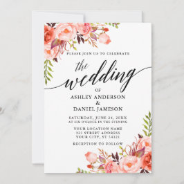 Moderne kalligraphische Coral Floral Wedding Einladung