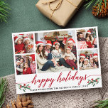 Moderne kalligraphische Familie 5 FotoCollage Feiertagskarte<br><div class="desc">Modernes Kalligrafie Script 5 Foto Familienfoto Collage Happy Holidays Card beinhaltet Watercolor Christmas Holly Berries - Rote Schrift</div>
