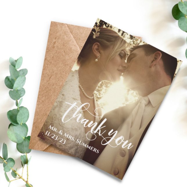 Moderne kalligraphische Foto Hochzeit Danke Budget Mitteilungskarte (Von Creator hochgeladen)