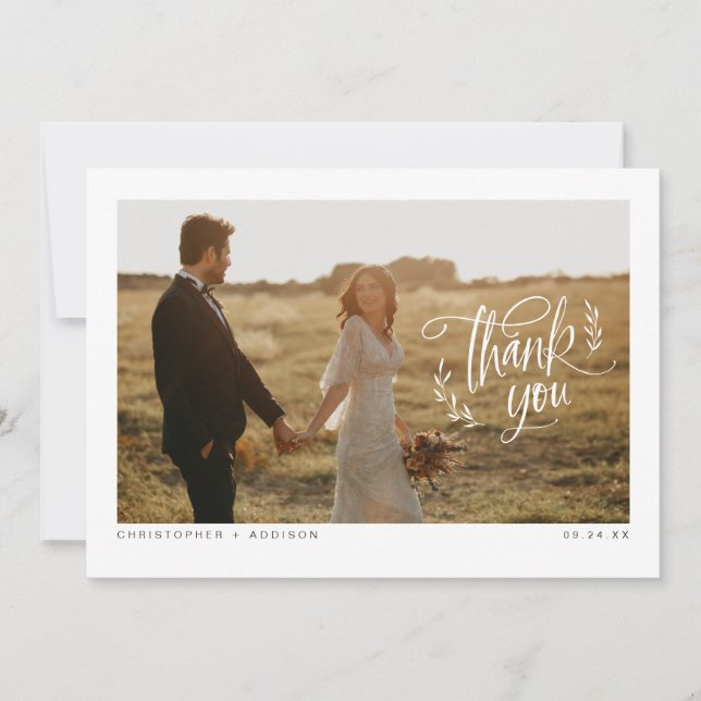 Moderne kalligraphische Foto Hochzeit Danke Karte (Vorderseite)