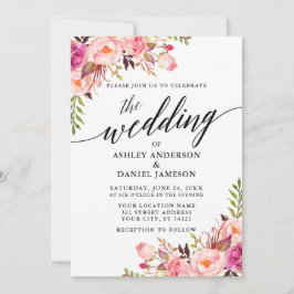Moderne kalligraphische Hochzeit mit Blütenrosa Einladung