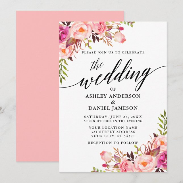 Moderne kalligraphische Hochzeit mit Blütenrosa Einladung (Vorne/Hinten)