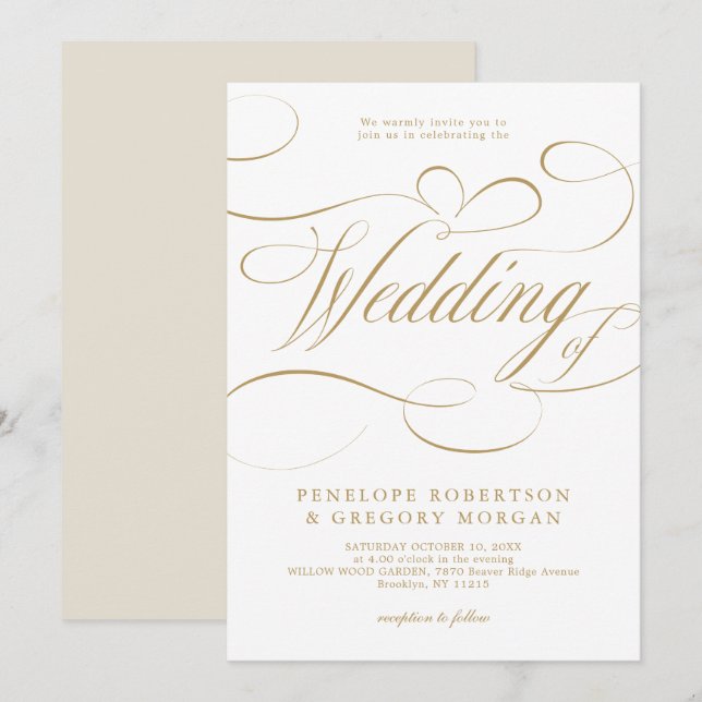 Moderne kalligraphische Hochzeit ohne Gold und Wei Einladung (Vorne/Hinten)