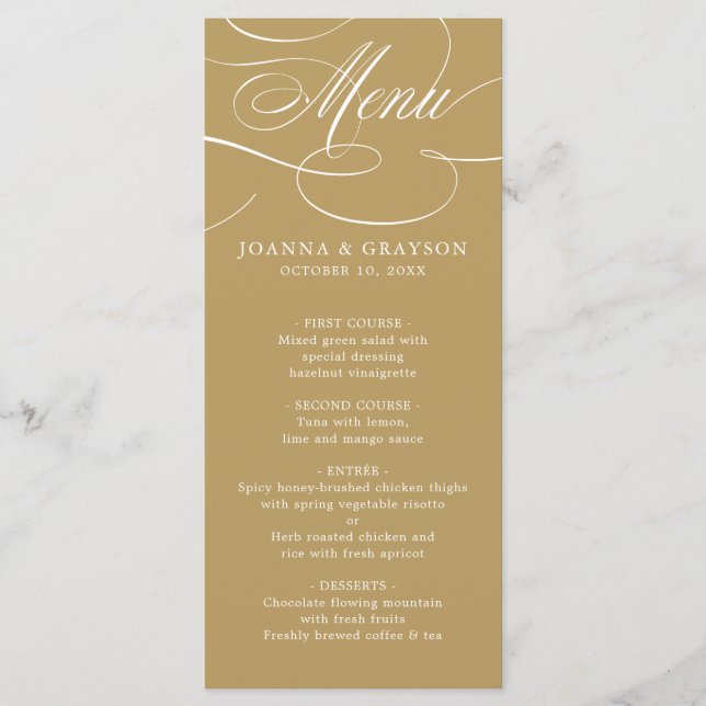Moderne kalligraphische Hochzeit ohne Gold und Wei Menükarte (Vorderseite)