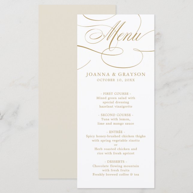 Moderne kalligraphische Hochzeit ohne Gold und Wei Menükarte (Vorne/Hinten)