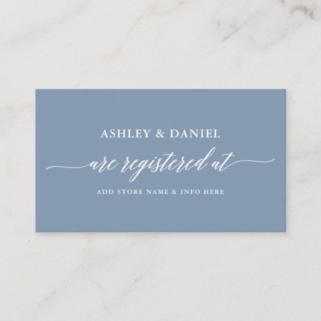 Moderne kalligraphische Hochzeitskanzlei Dusty Blu Begleitkarte (Vorderseite)