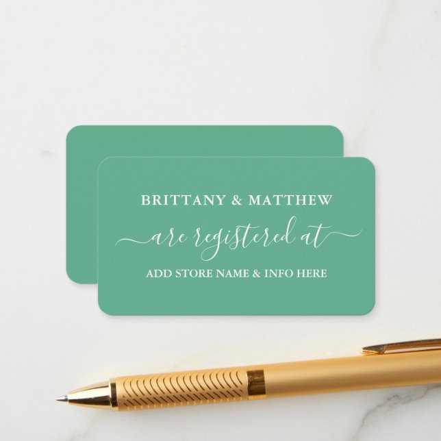 Moderne kalligraphische Hochzeitskanzlei grün Begleitkarte (Vorderseite/Rückseite Beispiel)