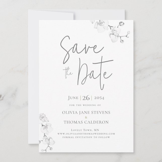 Moderne kalligraphische Orchideen beim Hochzeitsta Einladung (Vorderseite)