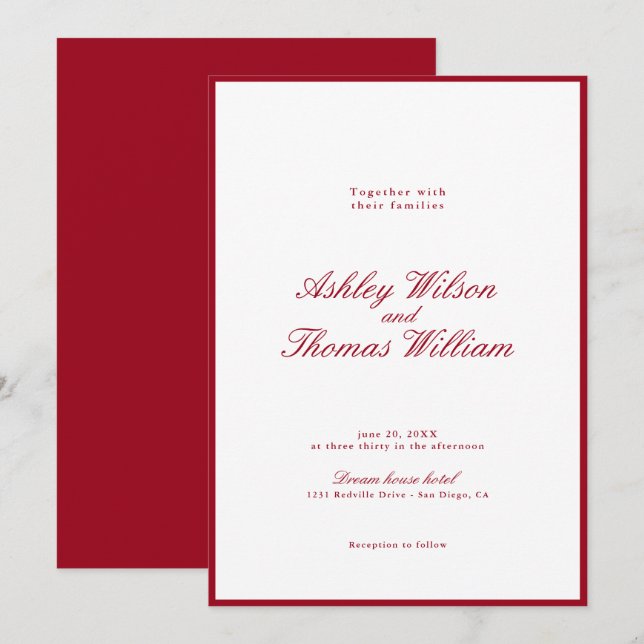 Moderne kalligraphische Rote Hochzeit Einladung (Vorne/Hinten)