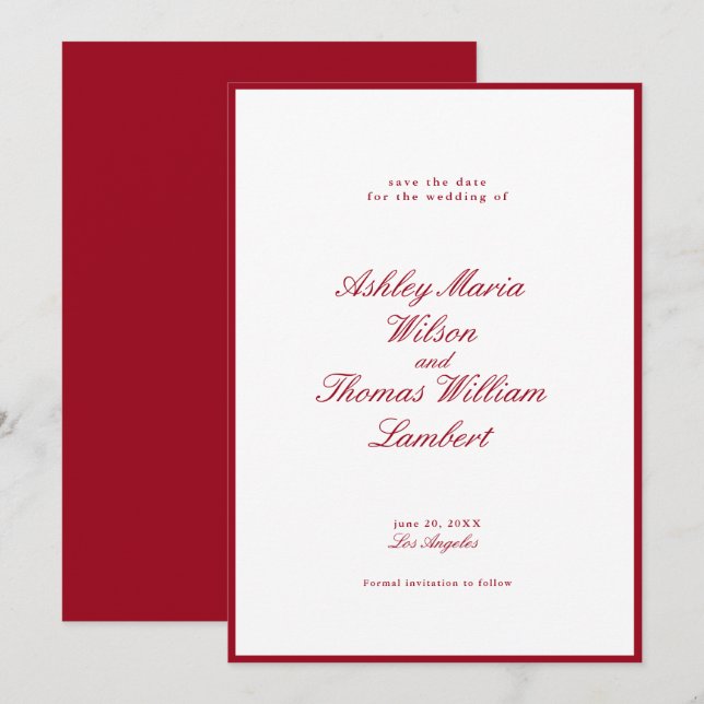 Moderne kalligraphische Rote Hochzeit retten das D Einladung (Vorne/Hinten)