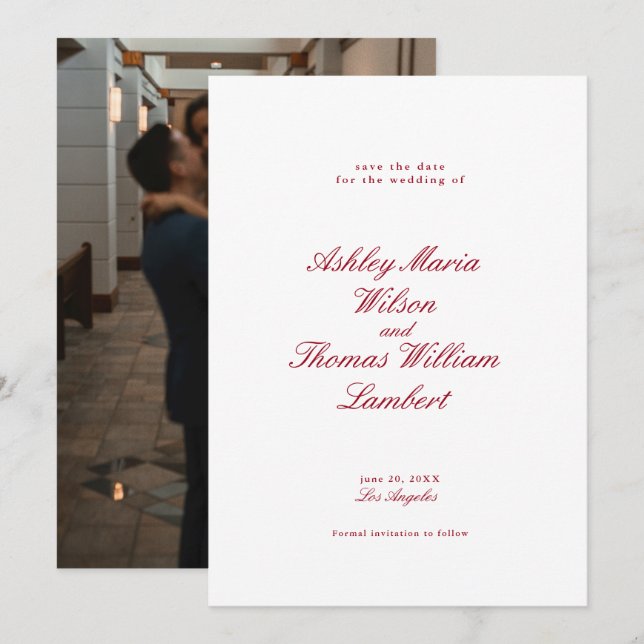 Moderne kalligraphische Rote Hochzeit retten das D Einladung (Vorne/Hinten)