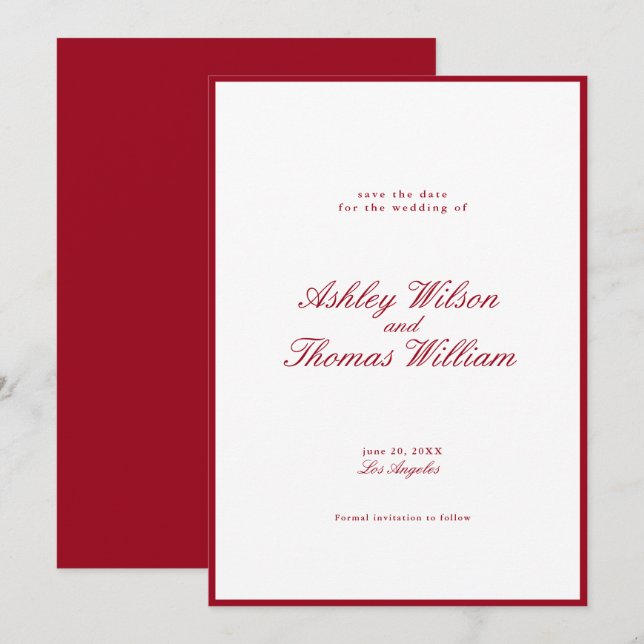 Moderne kalligraphische Rote Hochzeit retten das D Einladung (Vorne/Hinten)