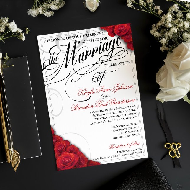 Moderne kalligraphische Rote Rosen Hochzeitsfeiern Einladung (Red roses wedding invitation with fully changeable background color)