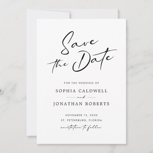 Moderne kalligraphische Schwarz-Weiß-Einfache Hoch Save The Date (Vorderseite)