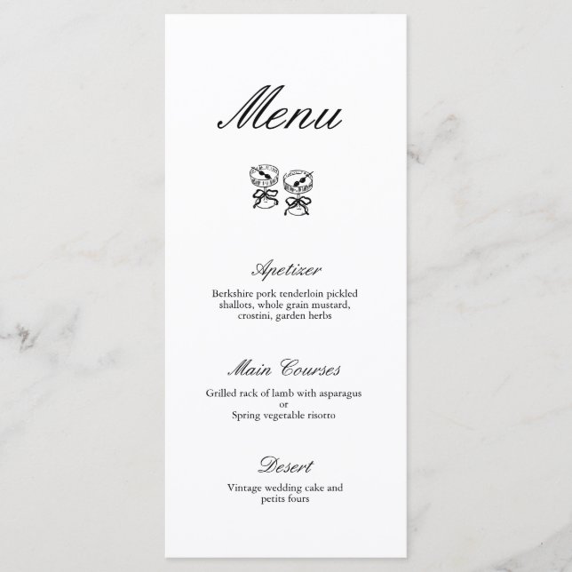 Moderne kalligraphische Schwarz-Weiß-Hochzeitsmenü Menükarte (Vorderseite)