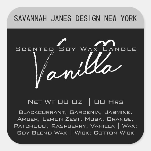 Moderne kalligraphische Schwarz-Weiß-Kerzen-Labels Quadratischer Aufkleber (Vorderseite)