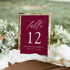 Moderne kalligraphische Tischnummer Burgundy Weddi