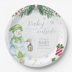 Moderne Kälte draußen Floraler Schneemann Baby Sho Pappteller
