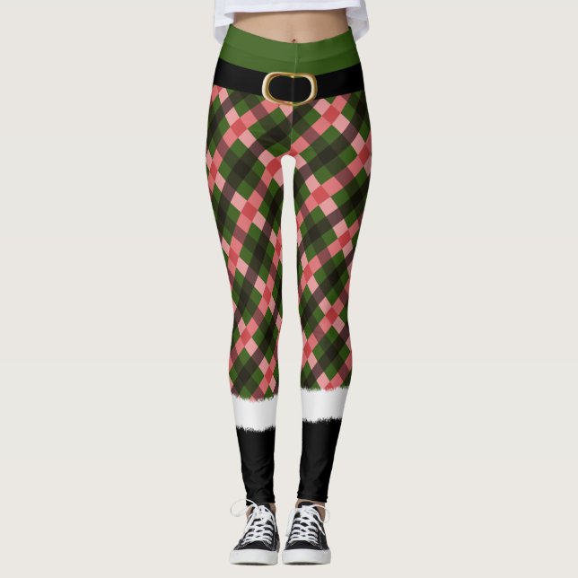 Moderne Karierte Elf Santa Kostüme Niedlicher Spaß Leggings (Vorderseite)