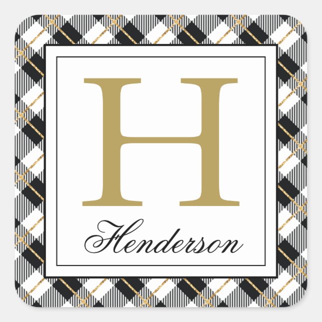 Moderne Karierte Karo Gold Accents, Mit Monogramm Quadratischer Aufkleber (Vorderseite)