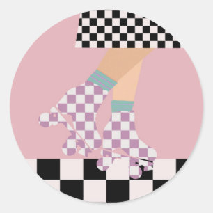 Moderne karierte Rollschuh laufende Mädchen Kunst Runder Aufkleber