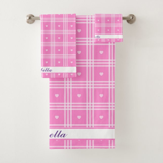 Moderne Karierte rosa Herzenskollektion Badhandtuch Set (Insitu)