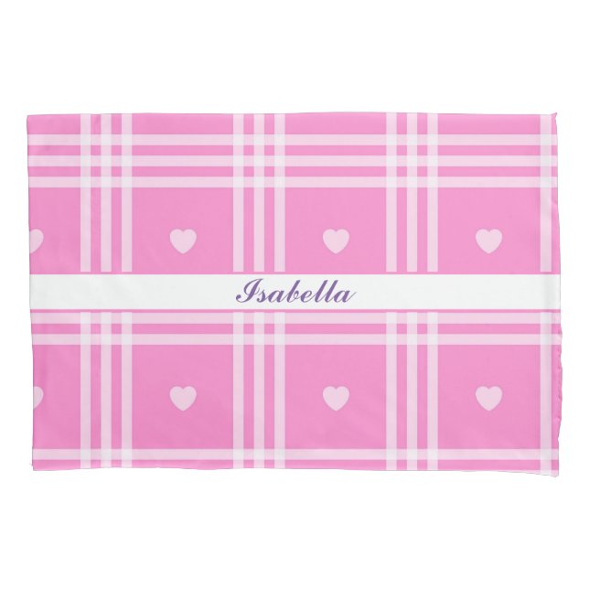 Moderne Karierte rosa Herzenskollektion Kissenbezug (Vorderseite)