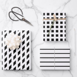 Moderne karierte Streifen und Rastermuster Schwarz Geschenkpapier Set