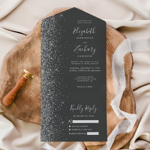 Moderne Karkohle Gray Silver Glitzer Hochzeit All In One Einladung