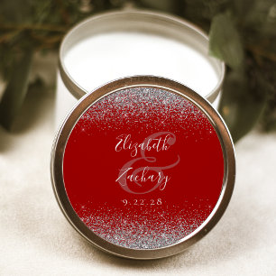 Moderne Karmesinrot Silber Glitter Rand Hochzeit Runder Aufkleber
