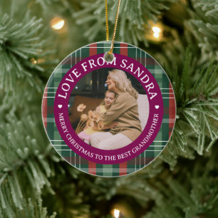 Moderne Karo-Kranz-Oma-Foto-Weihnachten Keramik Ornament