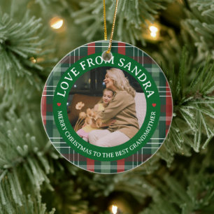 Moderne Karo-Kranz-Oma-Foto-Weihnachten Keramik Ornament