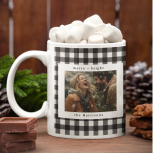 Moderne Karo-Landhaus-Monogramm-Foto-Weihnachten Kaffeetasse