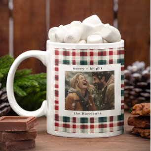 Moderne Karo-Rustikal Monogramm-Foto-Weihnachten Kaffeetasse